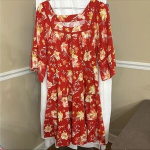 Cato Est 1946 Boho Ruffle Dress Women’s 14-16 Red Floral Crochet Trim Pockets